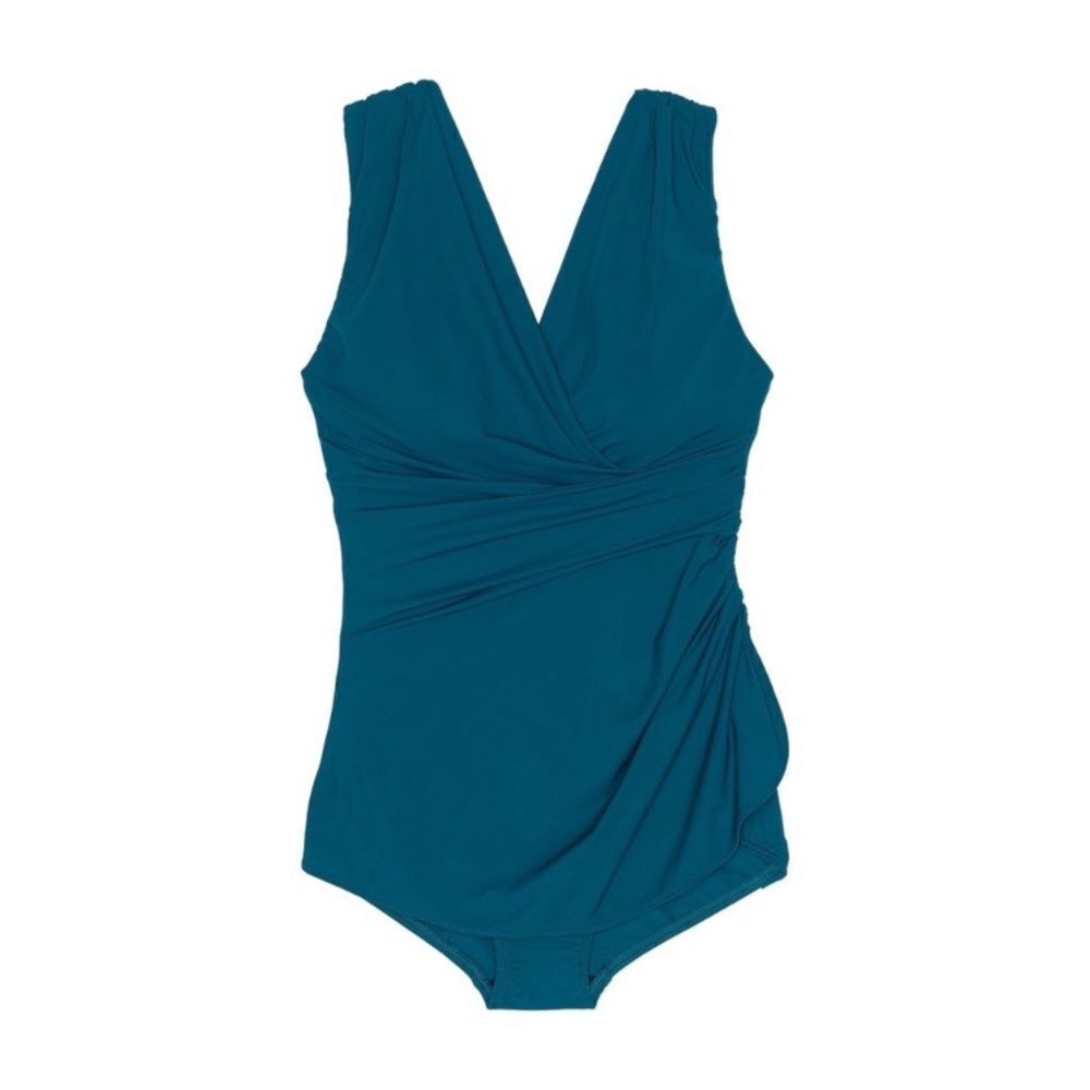 Classic Grecian Teal V-Neck One-Piece Swimsuit Wrap Style Petite 10P Landsend